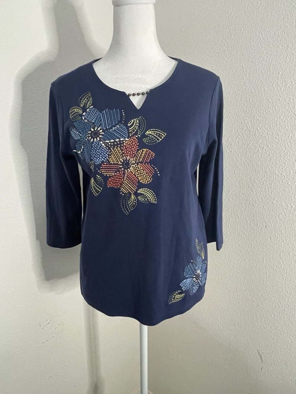 Alfred Dunner Petite Asymmetrical Floral Beaded Neck 3/4 Sleeve Top